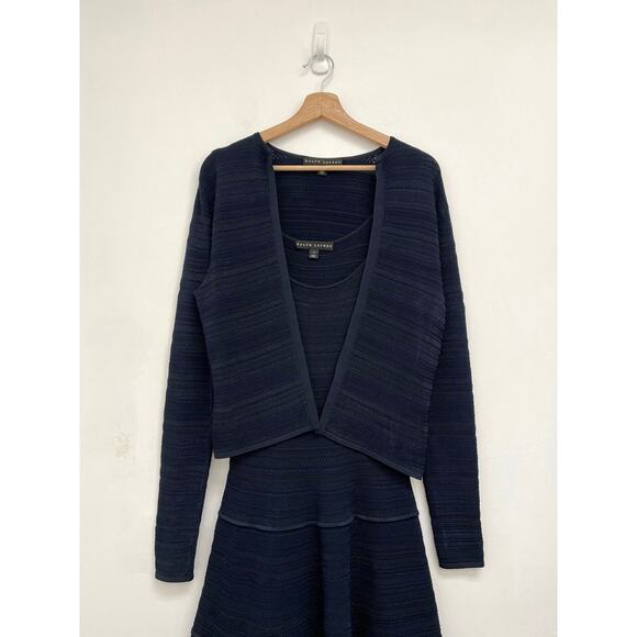 Ralph Lauren Black Label Textured Knit Fit and Flare Dress Cardigan Set Navy S/M - Picture 4 of 15